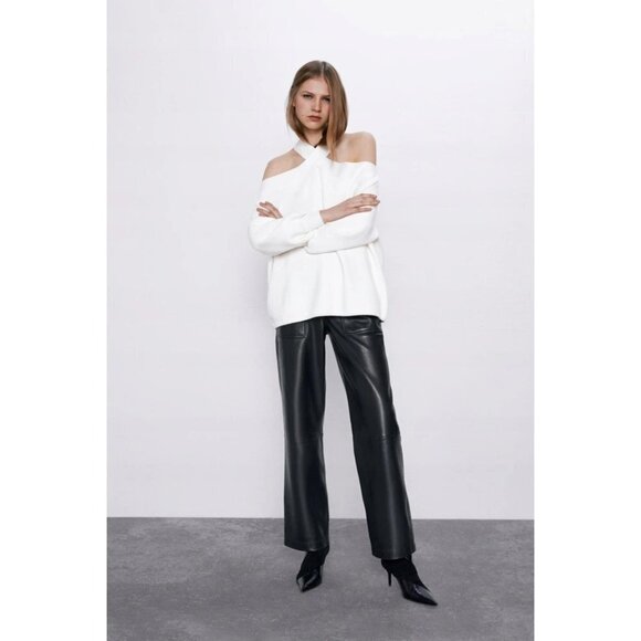 EUC Zara off-white ecru crossover strap exposed shoulder sweater, S - Picture 2 of 11